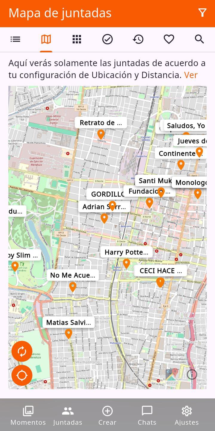 Pantalla de Connective mostrando la vista de mapa con juntadas cercanas